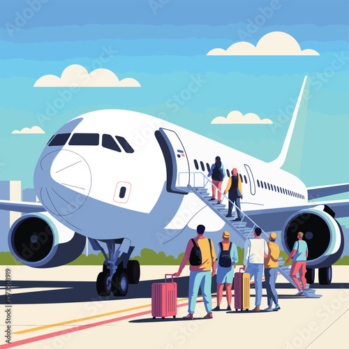 Diverse group of travelers with luggage boarding an airplane on a sunny day