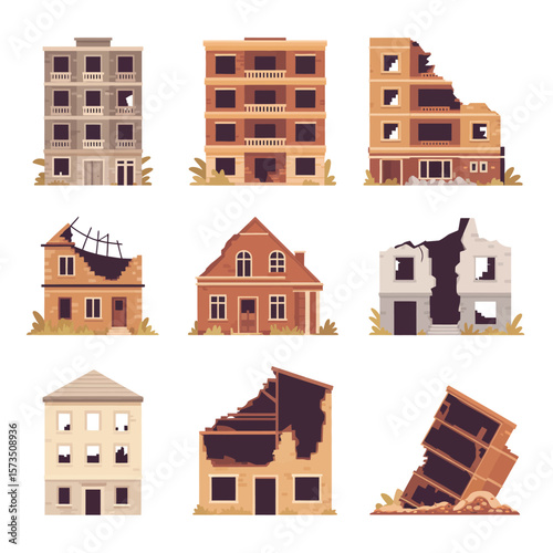 Collection of damaged and destroyed buildings in various states of disrepair