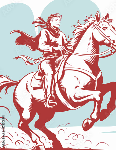 Vintage Cowgirl Riding Horse Illustration – Western Retro Style Art

