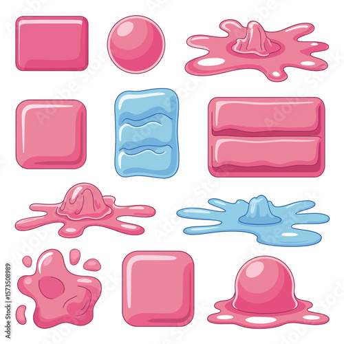 Collection of pink and blue chewing gum pieces and splashes