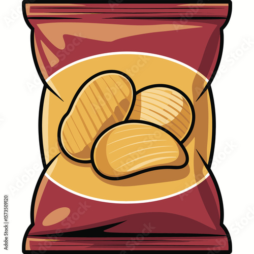 Crispy potato chips in a red and yellow snack bag illustration