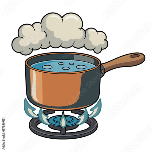 Cartoon pot of water boiling on a gas stove with steam rising