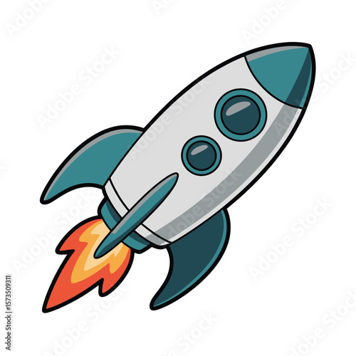 Cartoon rocket ship with teal fins and windows blasting off with orange flames
