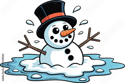 Cute melting snowman wearing a top hat in a puddle of water