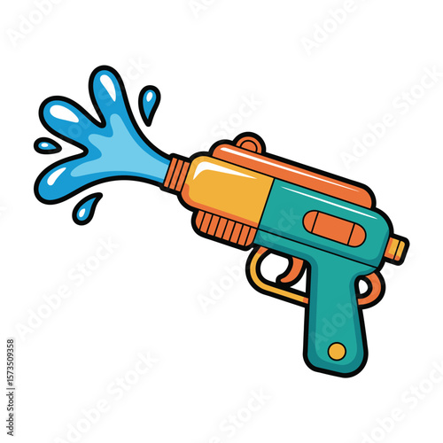 Colorful cartoon water gun shooting a stream of water and droplets