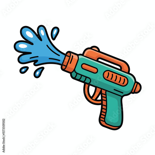 Cartoon water gun spraying a stream of blue water with droplets