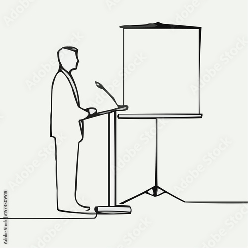 Businessman giving presentation at podium with blank flip chart  