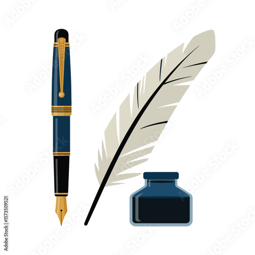 Classic writing set with a fountain pen quill and inkwell on a white background