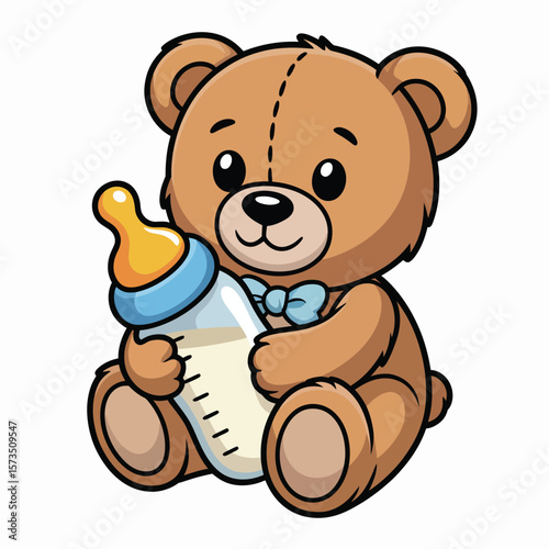 Cute cartoon teddy bear holding a baby bottle with milk and wearing a blue bow tie