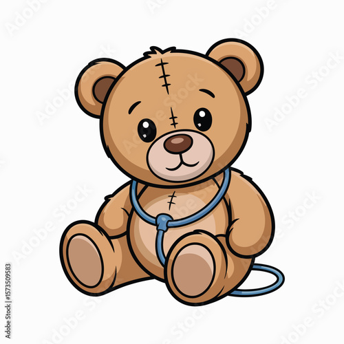 Cute cartoon teddy bear wearing a stethoscope sits patiently