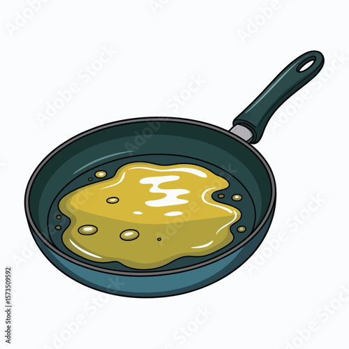 Cartoon illustration of a frying pan with scrambled eggs cooking inside