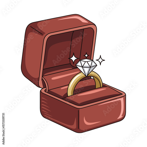 Beautiful diamond ring sparkling inside an open red jewelry box