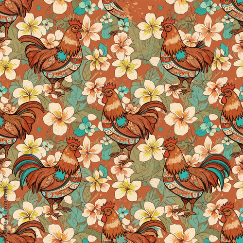 Seamless Boho Chicken & Hibiscus Pattern - Hand-Drawn TerracottaTurquoise Florals - Watercolor Texture on Cream