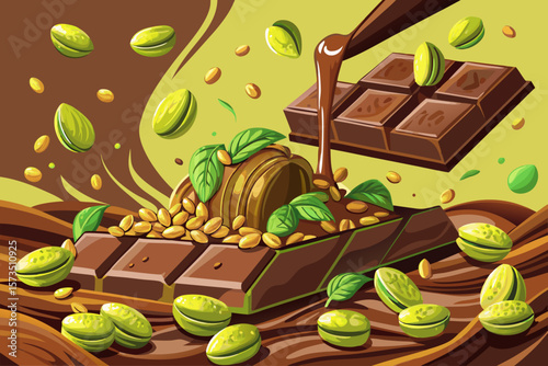 vector of Super slow motion of chopped pistachios being poured over the chocolate pieces that are in the form of chocolate bars.