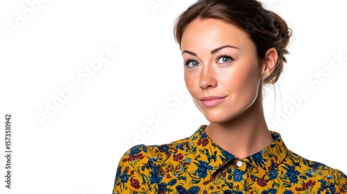 Stylish Young Woman with Floral Shirt and Natural Makeup Against White Background