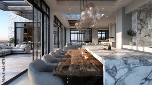 Luxurious open plan penthouse interior with marble accents and wooden table