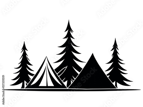 Black and White Camping Tent and Pine Tree Forest Silhouette Vector Illustration