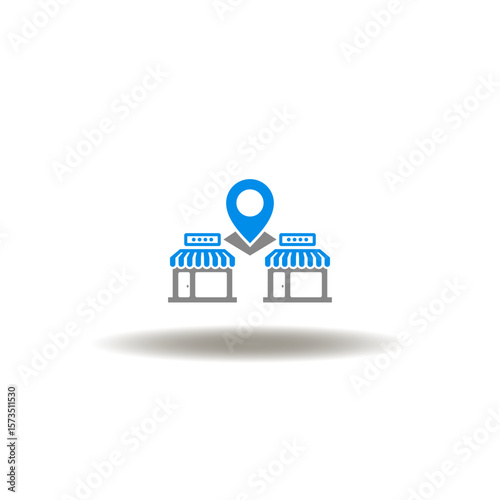 Vector illustration of two store and location map pointer. Symbol of local seo. Icon of business marketing optimization.