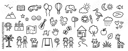 Collection of hand-drawn black doodle icons in children's drawing style. Educational and playful elements for kids learning and design.