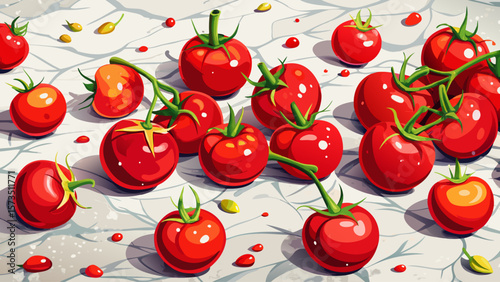 Small organic cherry tomatoes, red and shiny, scatter playfully over a marble table, their juicy texture and vibrant hue perfect for bright, joyful vector scenes with healthy living themes.
