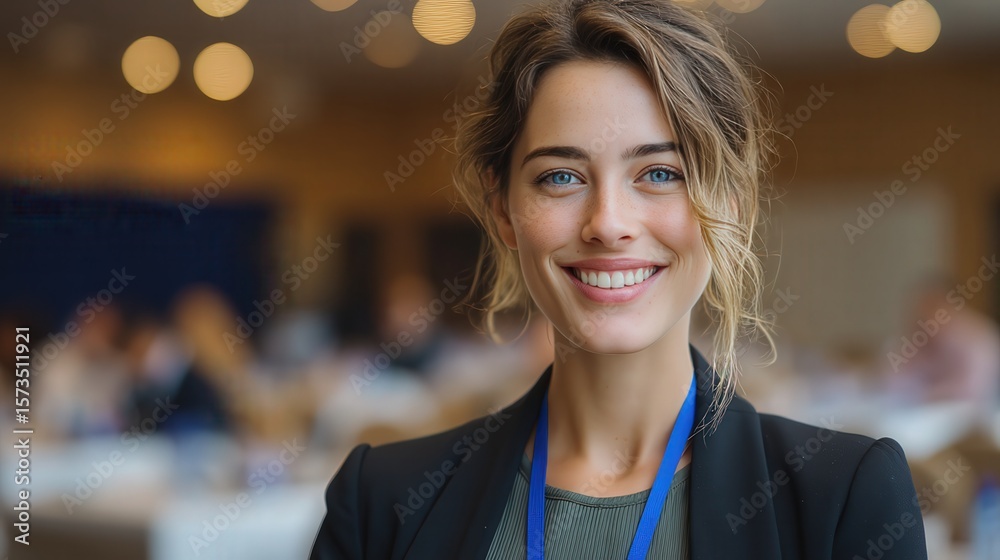 Obraz premium Confident Young Woman Smiling at a Professional Conference or Event
