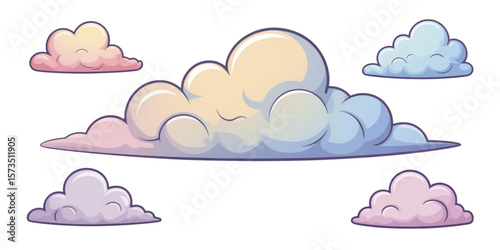 Fluffy Cartoon Cloud Set, Weather Illustration – Cute Puffy Vector Clouds, Sunny and Stormy Sky Elements, Cumulus Nimbus Clipart, Forecast Icons for Web, Children Art, Nature, Dreamy Background