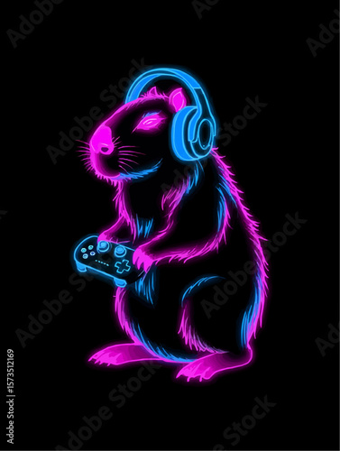 A capybara wearing a gaming headset and controller on a black background with neon lights 