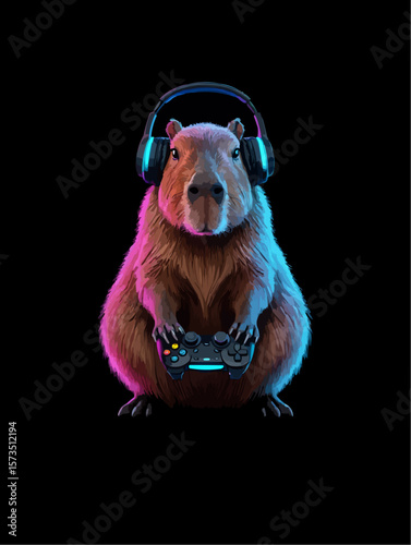 A capybara wearing a gaming headset and controller on a black background with neon lights 