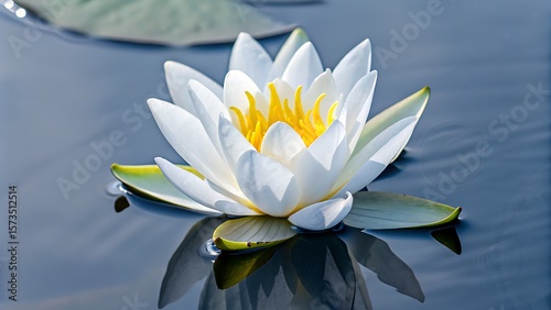 A close up of a white water lily with yellow center floating on dark blue water