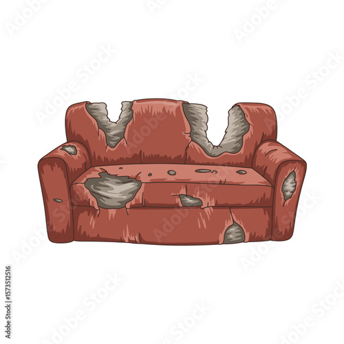 Cartoon Illustration of a Damaged Red Couch