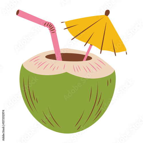 Colorful Coconut Cocktail with Straw and Umbrella