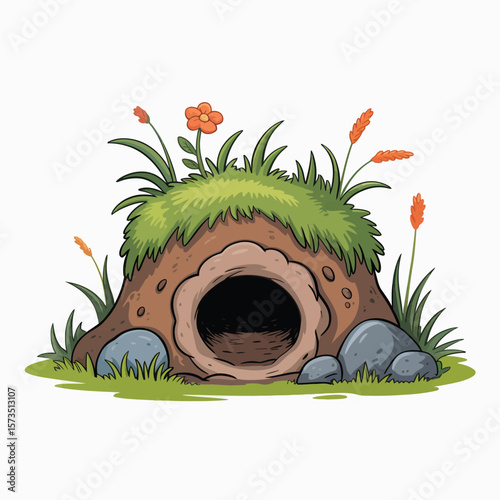 Cartoon Illustration of a Burrow with Grass and Flowers