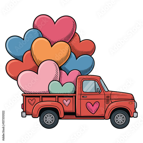 Vintage Truck Carrying Colorful Heart Balloons