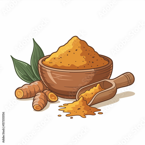 Turmeric Powder in Wooden Bowl and Scoop