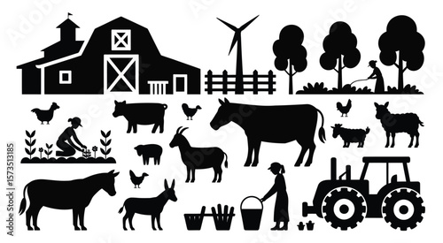 Farm Animals and Buildings Silhouette Set