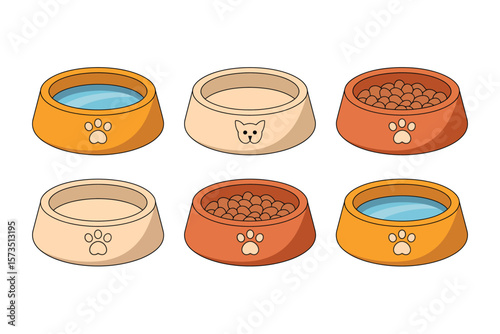 Cartoon Pet Bowls with Water and Food