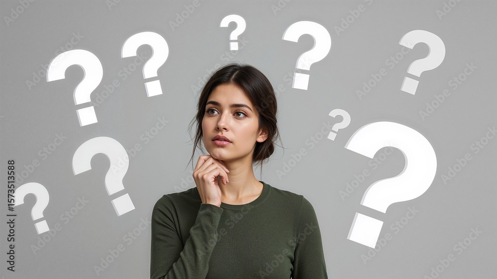 Thoughtful woman surrounded by question marks Thoughtful woman surrounded by question marks