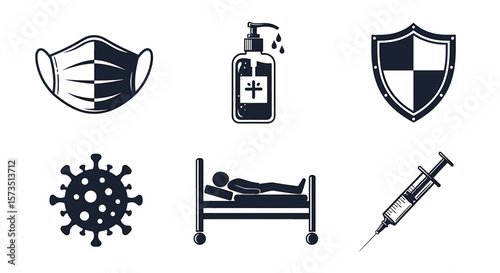Collection of medical and protective icons including mask, sanitizer, shield, virus and injection