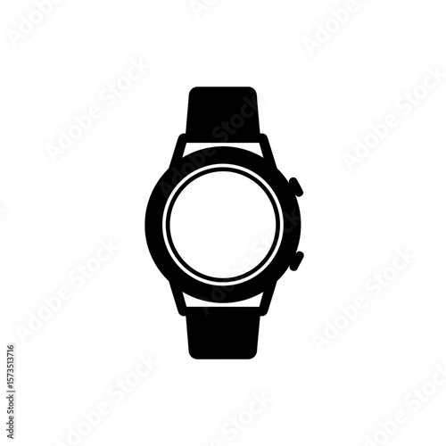 Illustration of a wristwatch with a circular face and a band in a front facing view