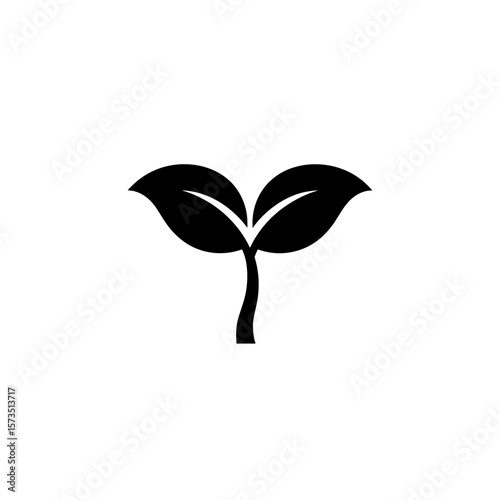 Illustration of a plant sprout with two leaves and a stem in a symmetrical arrangement centrally located