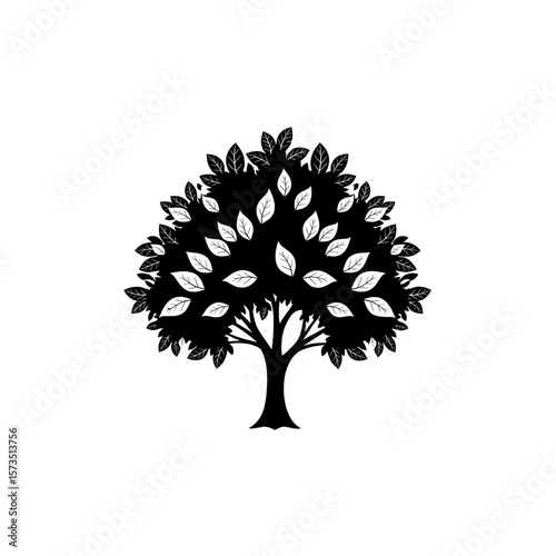 Illustration of a tree with dense foliage and a sturdy trunk, isolated against a plain area exactly