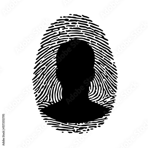 Silhouette of a head within a fingerprint pattern creating a unique identification mark design