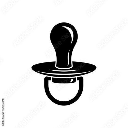 Illustration of a baby pacifier featuring a circular shield and a curved handle design element present