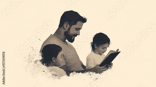 A father reads a book to his two children, sharing a quiet, intimate moment filled with warmth and learning.