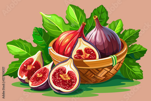 vector of Ripe figs, halved and whole, revealing deep red interior, placed in a wicker basket with green leaves...
