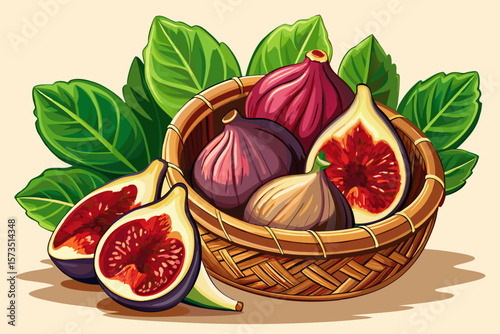 vector of Ripe figs, halved and whole, revealing deep red interior, placed in a wicker basket with green leaves...
