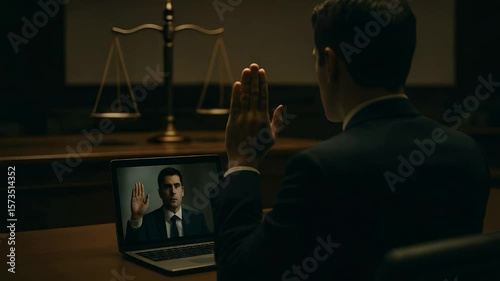 Wallpaper Mural Virtual Oath: A lawyer takes a virtual oath, his hands raised in solemnity before a laptop screen displaying a witness during a virtual court proceeding. Torontodigital.ca