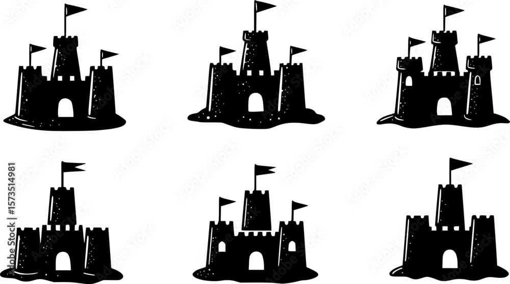 Fototapeta premium Collection of six different sandcastle silhouettes with flags on top, summer theme