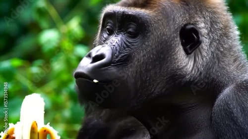 A close up of a gorilla eating a banana in a lush green environment outdoors now