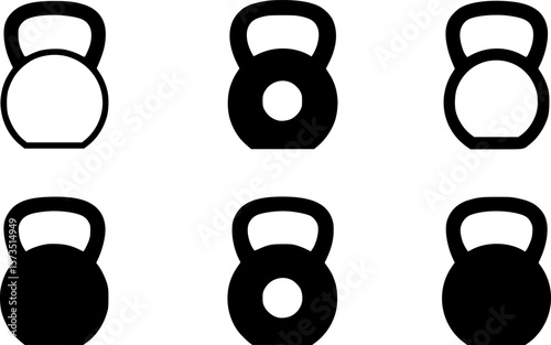 Six kettlebell silhouettes arranged in a twobythree matrix formation
